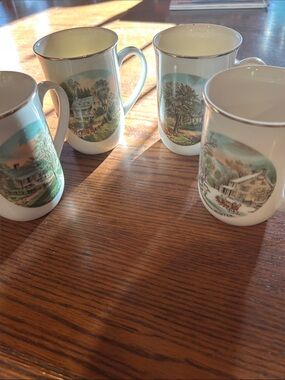 Currier and Ives 4 Seasons- Cream Porcelain Mugs with Gold Trim - Set of 4